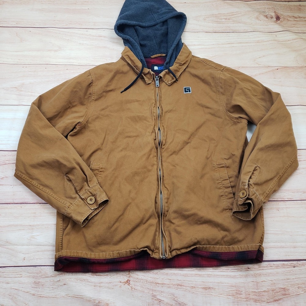 Garage Jacket Mens Large Brown Canvas Hooded Flannel Lined‎ Zip Front Workwear